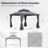 A dark gray 13x13 Domi Hardtop Gazebo featuring a tiered roof and tied-back privacy curtains, presented with dimension schematics.
