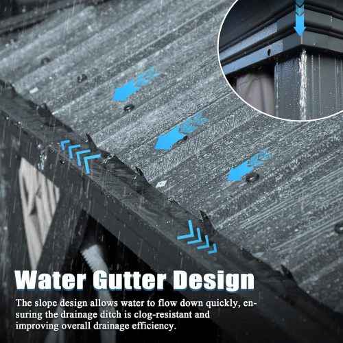 A close-up of the NatureScape Living 13x13 Hardtop Gazebo's galvanized steel roof, showing its efficient water gutter design with blue arrows guiding rain flow.