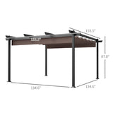 A stylish NatureScape Living 13x13 retractable pergola with a black frame and a partially retracted brown fabric canopy.