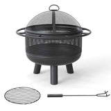 Black 24 Inch Wood Burning Fire Pit with domed mesh screen, shown with a round grill grate and fire poker.
