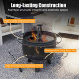 A black 24 Inch Wood Burning Fire Pit with log grate and mesh screen, featuring a high-temperature resistant, rustproof finish in an outdoor setting.