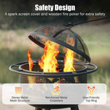 A NatureScape Living 24-inch wood-burning fire pit with bright flames and its mesh spark screen open, emphasizing safety and dense mesh construction.