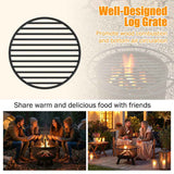 A NatureScape Living 24 Inch Wood Burning Fire Pit with log grate promoting combustion, and mesh screen for friends.
