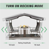 A grey 4-seat retro metal glider bench with canopy from NatureScape Living, emphasizing its "TURN ON ROCKING MODE" and "Swing Amplitude" of 16 inches.