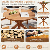 The 5-piece Acacia Wood Patio Set features a round outdoor dining table, highlighted as water and sun resistant, and high quality.