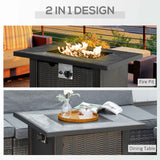 NatureScape Living's 30 Inch Auto-Ignition Rectangular Fire Pit Table, shown as a fire pit with flames and a dining table.