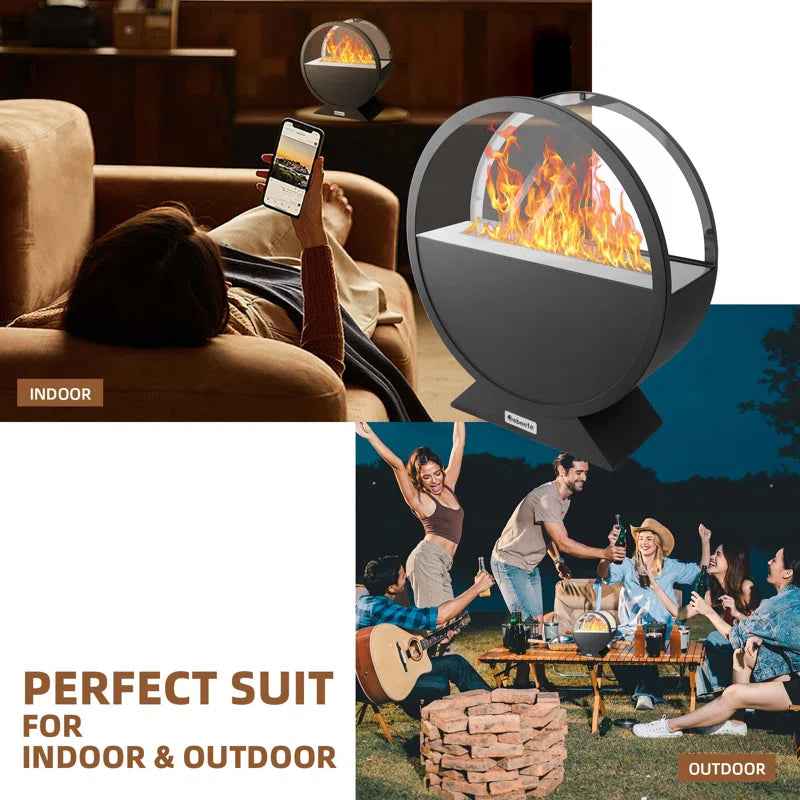 A black round bioethanol fireplace with bright flames, featured for both cozy indoor ambiance and outdoor entertaining.