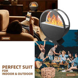 A black round bioethanol fireplace with bright flames, featured for both cozy indoor ambiance and outdoor entertaining.