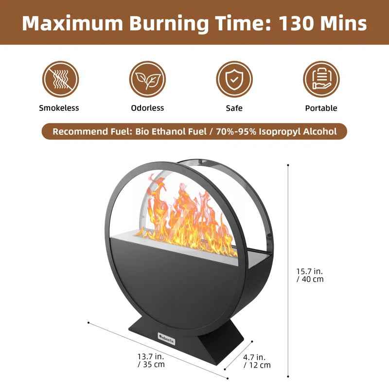 This 13.7-inch black round bioethanol fireplace features a glass enclosure with flames, noted as smokeless, odorless, safe, and portable.