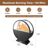 This 13.7-inch black round bioethanol fireplace features a glass enclosure with flames, noted as smokeless, odorless, safe, and portable.