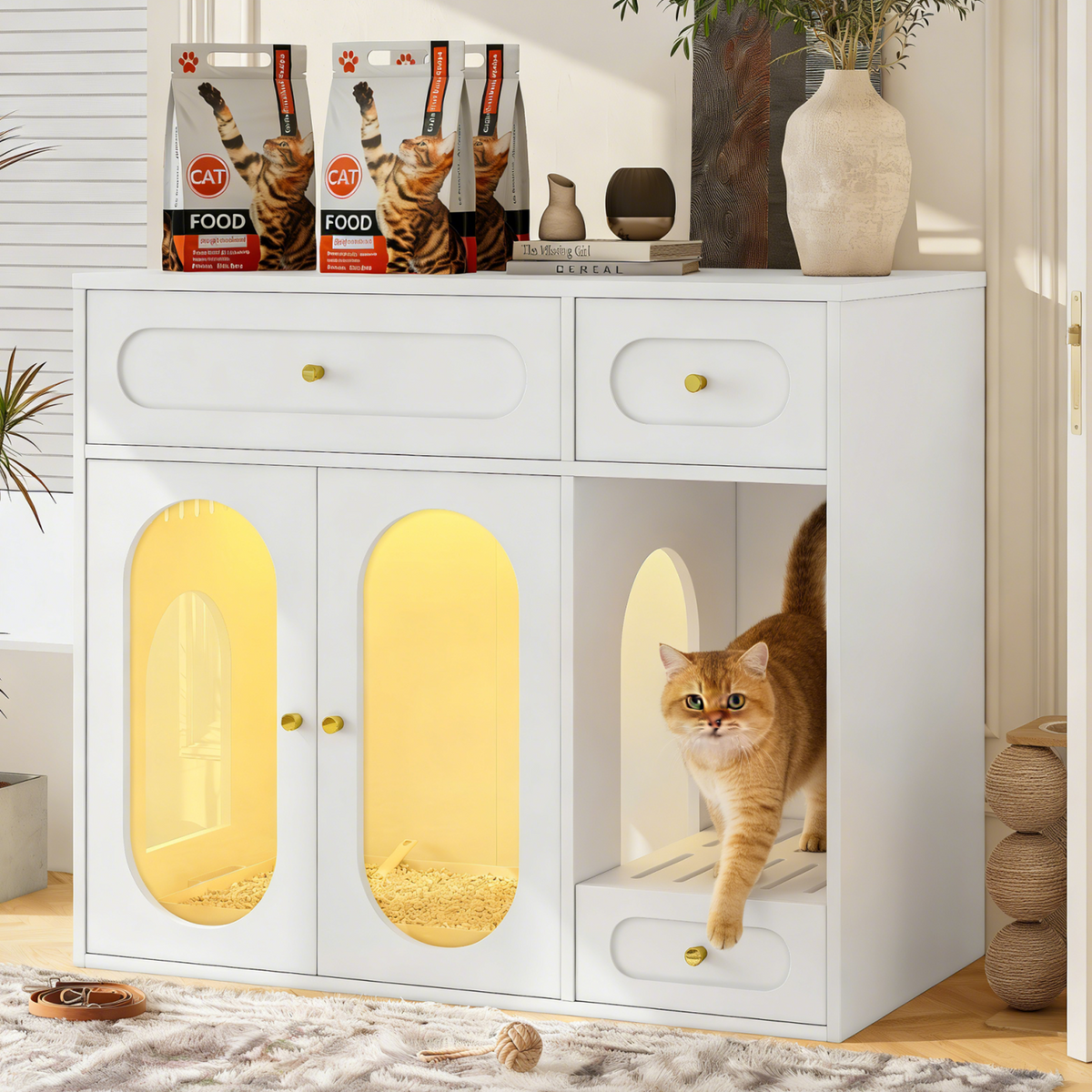 Stylish hidden Cat Litter Box Enclosure, white furniture with arched clear panels, a golden cat, and 'CAT FOOD' bags.