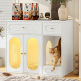 Stylish hidden Cat Litter Box Enclosure, white furniture with arched clear panels, a golden cat, and 'CAT FOOD' bags.