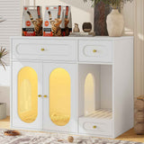 White Cat Litter Box Enclosure with golden knobs, two illuminated litter compartments, an arched side entry, and cat food bags on top.