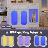 NatureScape Living's white Cat Litter Box Enclosure features APP-controlled, color-changing LED lights, and a ginger cat in a blue-lit area.