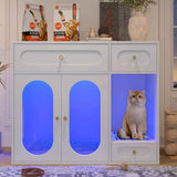 A stylish white Cat Litter Box Enclosure with blue-lit compartments for litter and a ginger cat sitting on an illuminated perch.