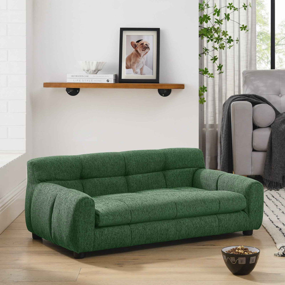 A green tufted Comfy Large Dog Sofa Bed with backrest and armrests, perfect for small and medium pets, in a modern living room.