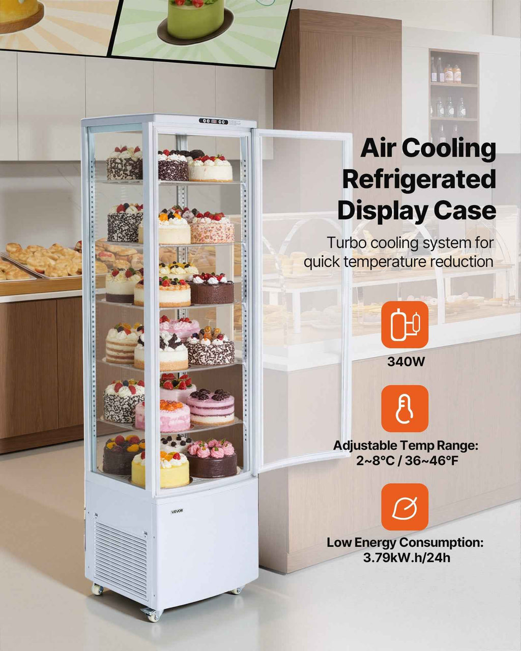 A white NatureScape Living Commercial Display Case, filled with many cakes and an open glass door, highlights its "Air Cooling" and 2~8°C range.