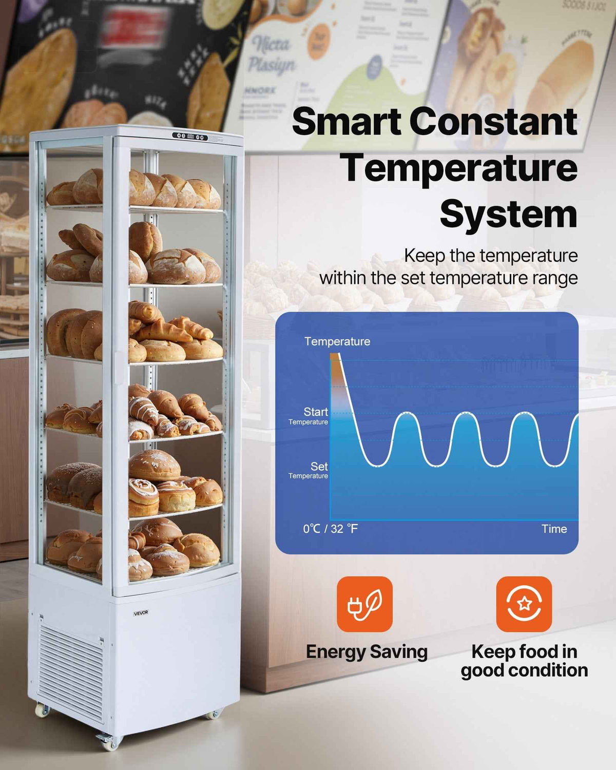 White 9.8 Cu.Ft. refrigerated pastry display case showcasing baked goods with a Smart Temperature System for energy saving.