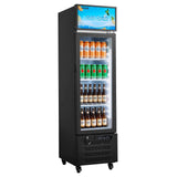 A tall black VEVOR Commercial Display Refrigerator with a 'Cold Drink' sign above its glass door showcasing various beverages.