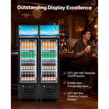 NatureScape Living Commercial Display Refrigerators, featuring 'Cold Drink' signs and LED-lit double-layer glass doors, stock beverages in a bar.