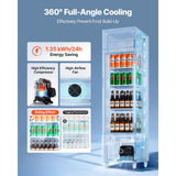 A tall, clear NatureScape Living Commercial Display Refrigerator filled with colorful drinks, highlighting its 360° cooling, energy saving, and defog effect.