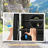 The black NatureScape Living dog bike trailer shows easy disassembly for storage, with 'STORABLE' text and a background of mountains.