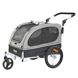 A black and gray VEVOR Dog Bike Trailer and 2-in-1 pet stroller, featuring mesh windows, a push handle, and quick-release wheels.