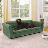 A large brown dog rests on NatureScape Living's oversized, elegant, modern green linen dog sofa bed for large dogs.