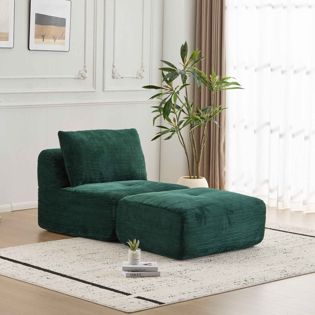 A pet-friendly modern dark green corduroy dog sofa bed with a movable ottoman in a bright living room.