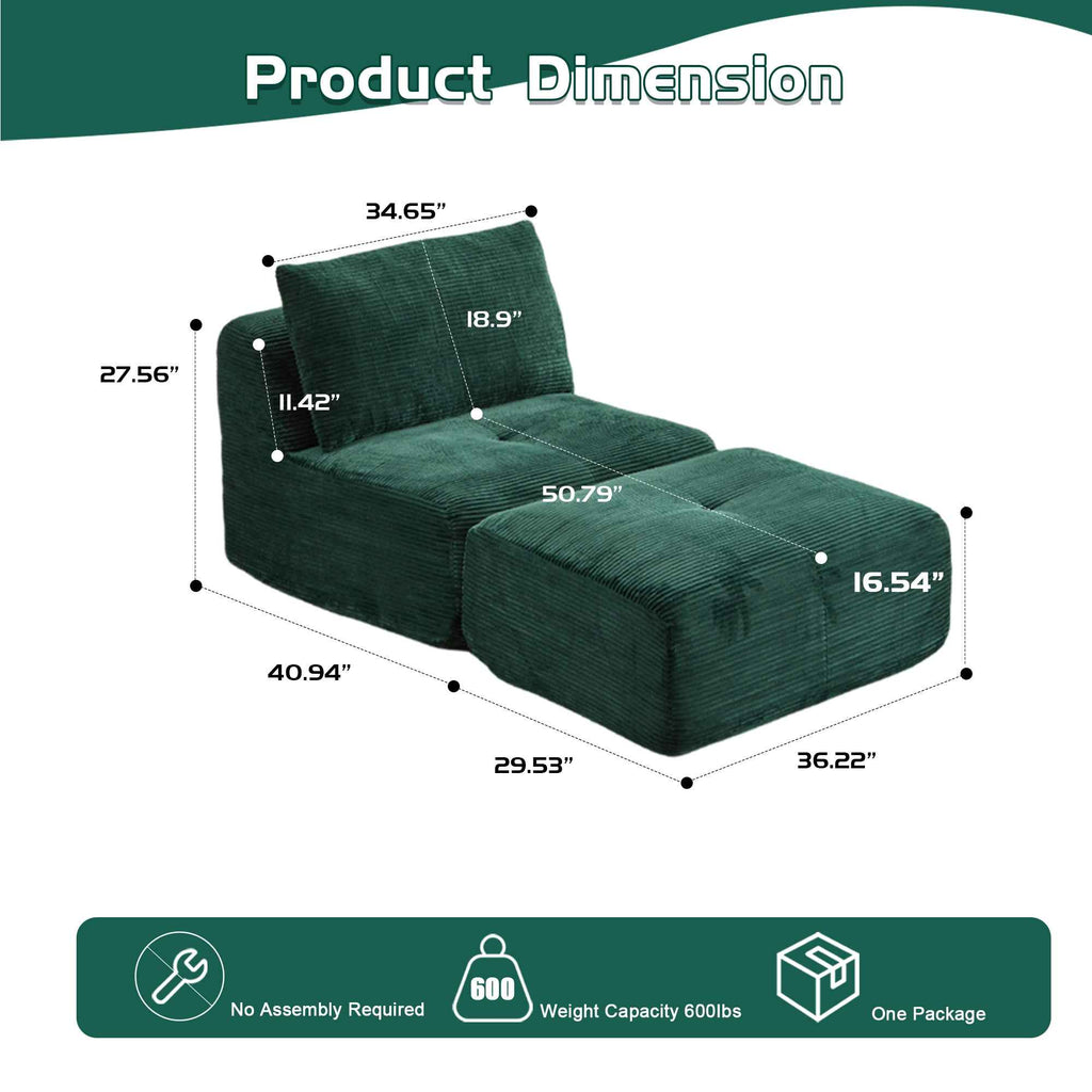 NatureScape Living's Pet-Friendly Modern Memory Foam Dog Sofa Bed in green corduroy, with a movable ottoman.