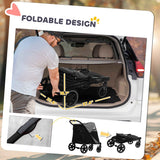 The black NatureScape Living Dog Stroller is shown folded compactly and being placed into a car trunk, demonstrating its convenient one-click foldable design.
