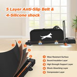 A small dog walks on the black Small Dog Treadmill 2026 Edition, highlighting its 5-layer anti-slip belt and 4-silicone shock system.