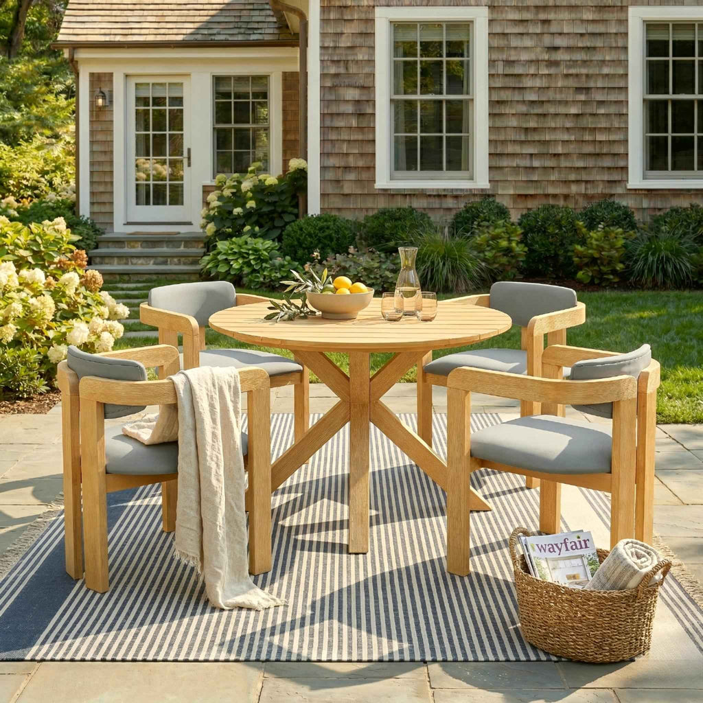 NatureScape Living's 5-piece acacia wood round patio dining set with gray cushions on a striped rug, a Wayfair magazine nearby.