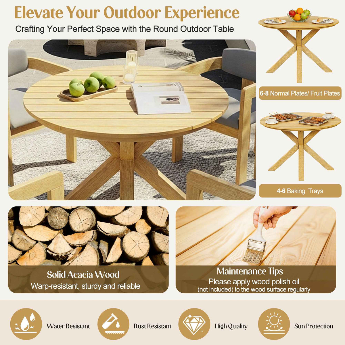 A 5-piece acacia wood Round Patio Dining Set, seating 6-8, highlighting its water, rust, sun protection, and high quality.