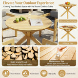 A 5-piece acacia wood Round Patio Dining Set, seating 6-8, highlighting its water, rust, sun protection, and high quality.