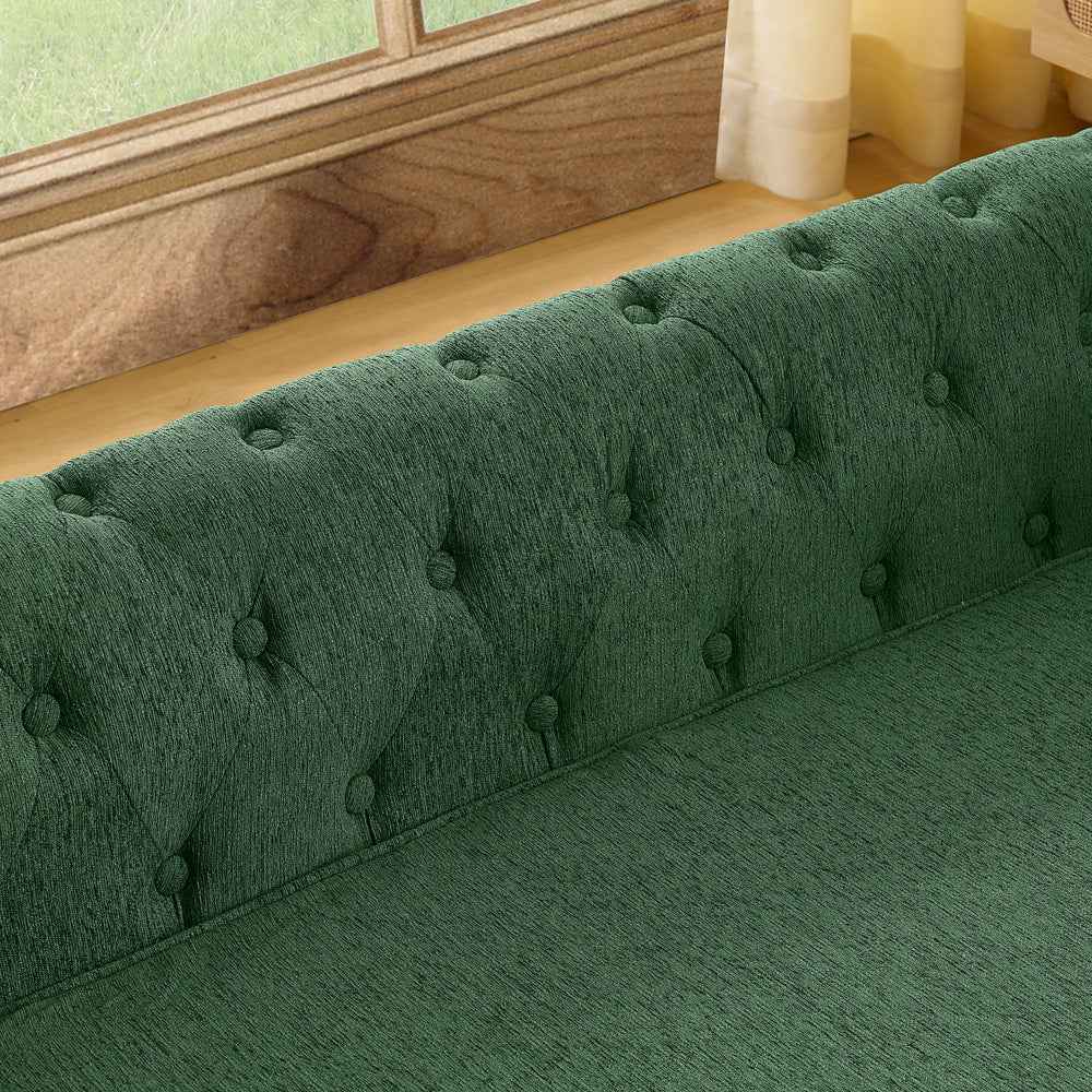 A dark green, tufted Elegant Rectangular Elevated Dog Bed with textured fabric rests by a bright window.