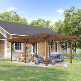 A large NatureScape Living 12x20 wood pergola, ideal for climbing plants, shades a patio with outdoor furniture in a backyard.