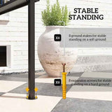 A Premium Outdoor Grill Gazebo leg shows two anchoring options: 8 ground stakes for soft ground and 8 expansion screws for hard ground.