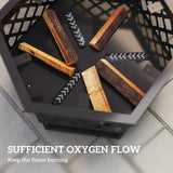 An 18-inch NatureScape Living fire pit shows wood logs and chevron vents for sufficient oxygen flow.