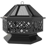An 18-inch black metal wood-burning fire pit with a hexagonal mesh spark screen and diamond-patterned sides.