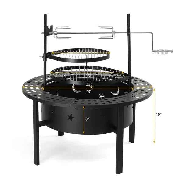 Black NatureScape Living 33-inch wood-burning fire pit with a perforated rim, two cooking grills, and rotisserie.