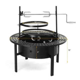 Black NatureScape Living 33-inch wood-burning fire pit with a perforated rim, two cooking grills, and rotisserie.