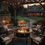 NatureScape Living's 33-inch wood-burning Fire Pit with Grill, laden with rotisserie chicken and grilled food, shines on a warm patio at dusk.