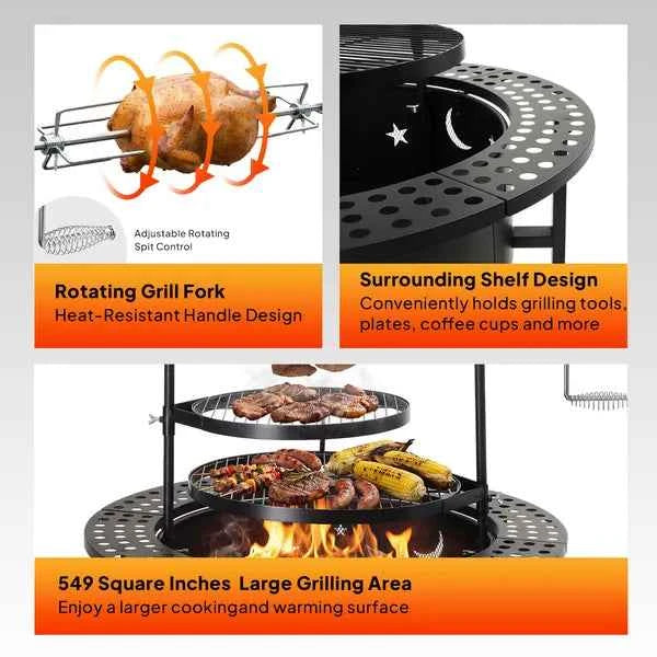 NatureScape Living's black wood-burning 33-inch Fire Pit with Grill, with a rotisserie chicken, full cooking grills, and a surrounding shelf.