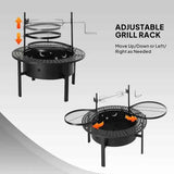 A black 33-inch wood burning fire pit from NatureScape Living with adjustable cooking grills and a rotisserie spit.