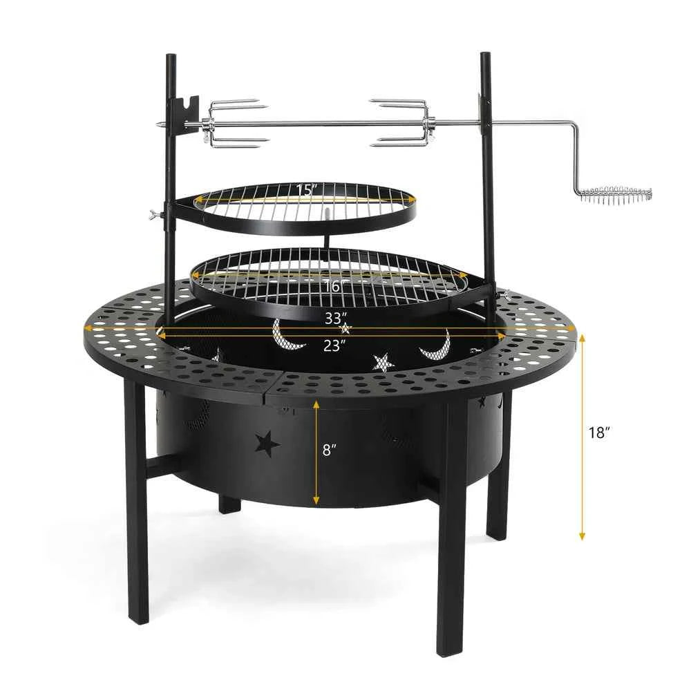 A black 33 Inch wood-burning Fire Pit with Grill by NatureScape Living, featuring moon and star cutouts, two cooking grills, and a rotisserie.