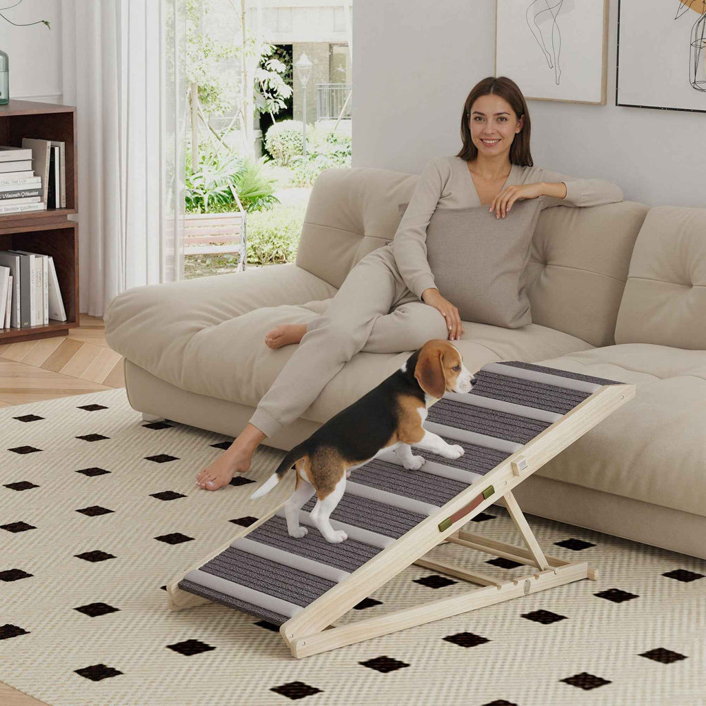 A beagle puppy walks up a gray and white striped NatureScape Living Foldable Pet Ramp for Couch, towards a woman relaxing on a cream sofa.