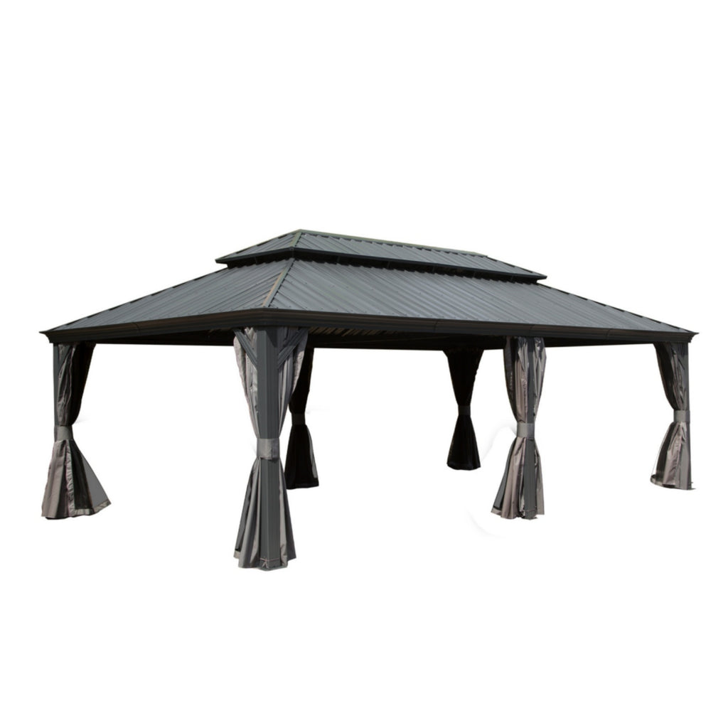 A NatureScape Living Galvanized Hardtop Gazebo featuring a tiered dark grey roof and tied-back grey privacy curtains.