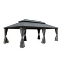 A NatureScape Living Galvanized Hardtop Gazebo featuring a tiered dark grey roof and tied-back grey privacy curtains.
