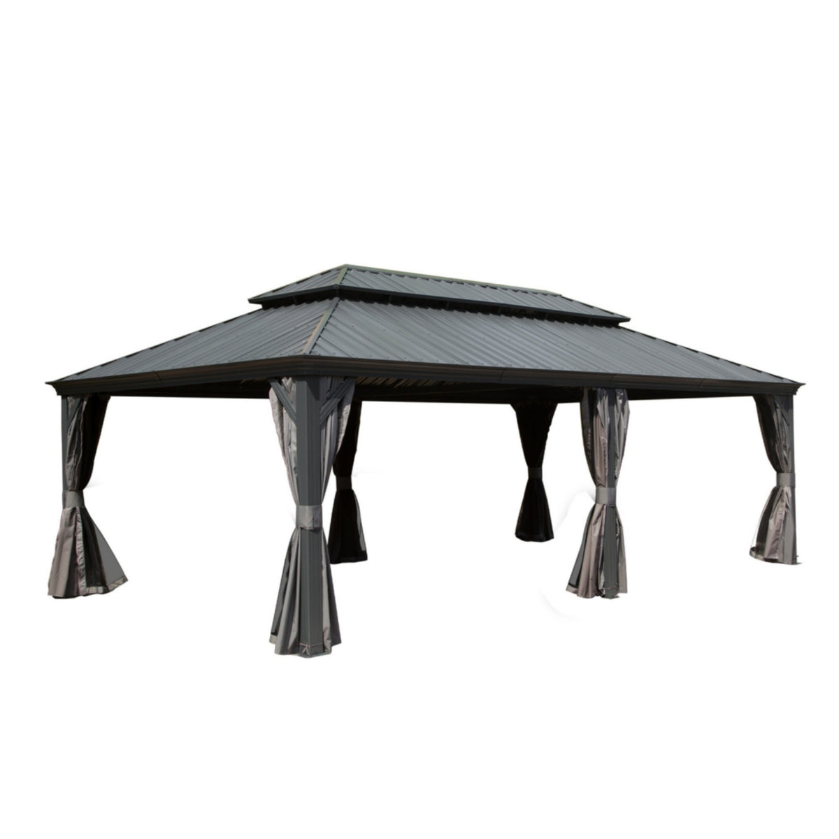 A NatureScape Living Galvanized Hardtop Gazebo featuring a tiered dark grey roof and tied-back grey privacy curtains.